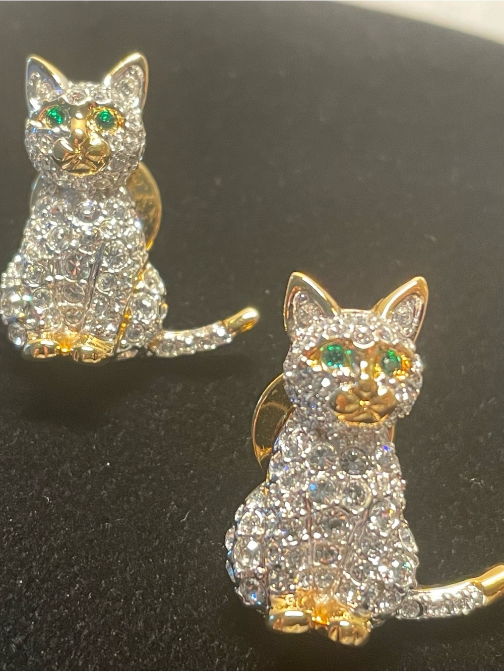 Swarovski Crystal Cat Brooches with Clear Crystals and Green Eyes